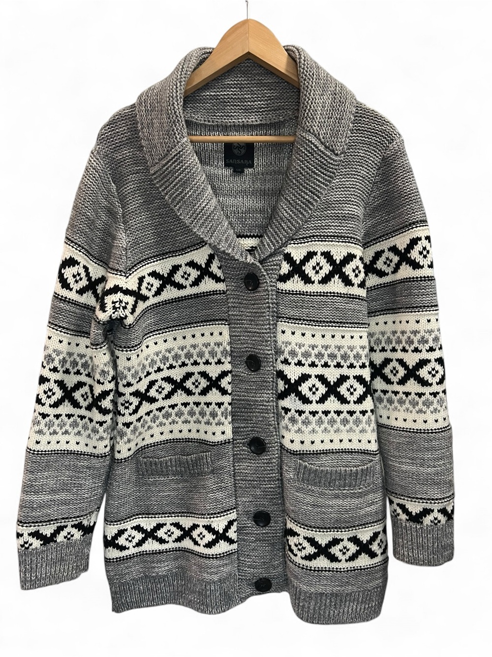 Sansara Fair Isle Wool Blend Shawl Collar Cardigan Size L